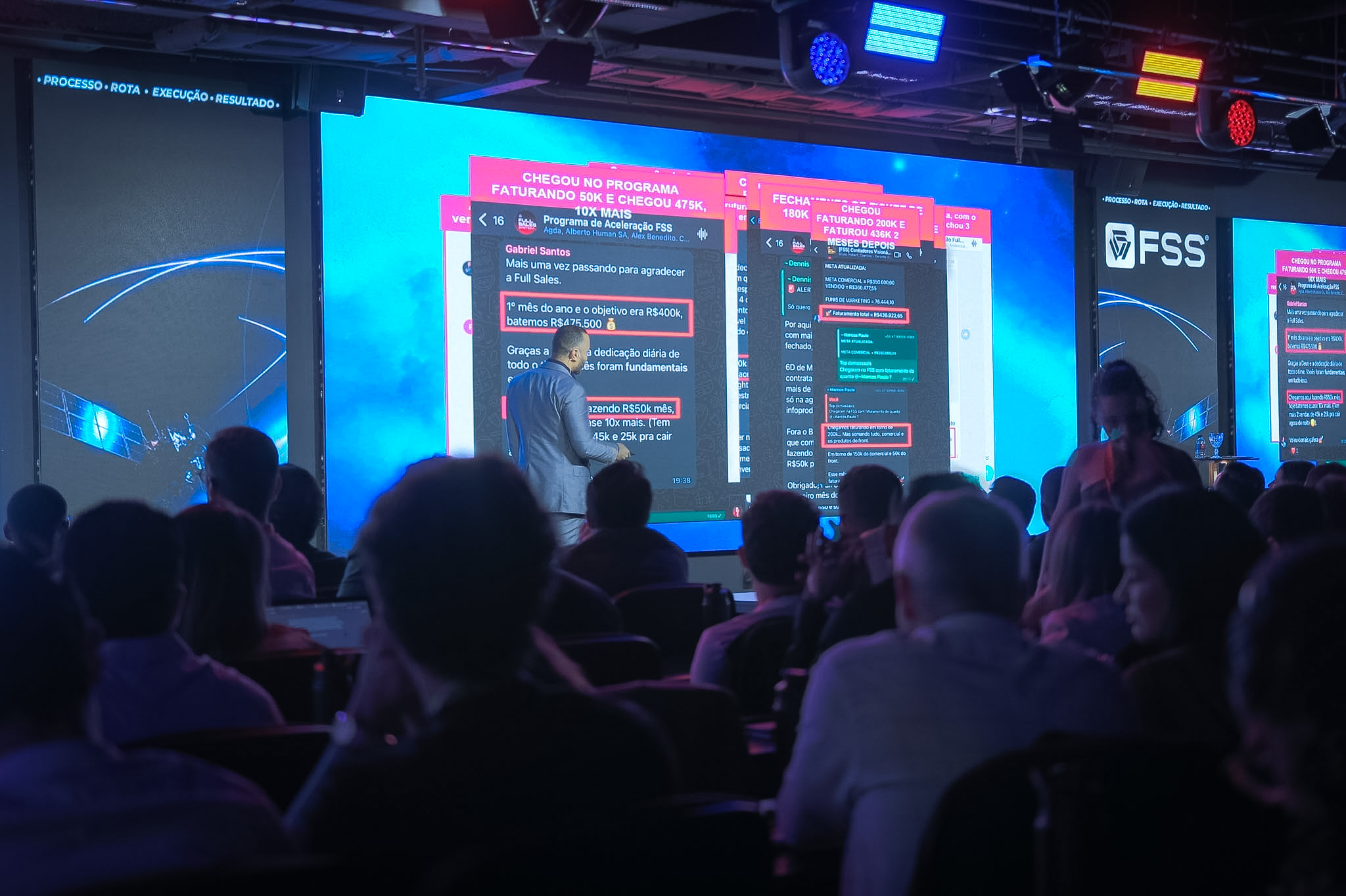 Telões do palco apresentando cases e depoimentos para a platéia