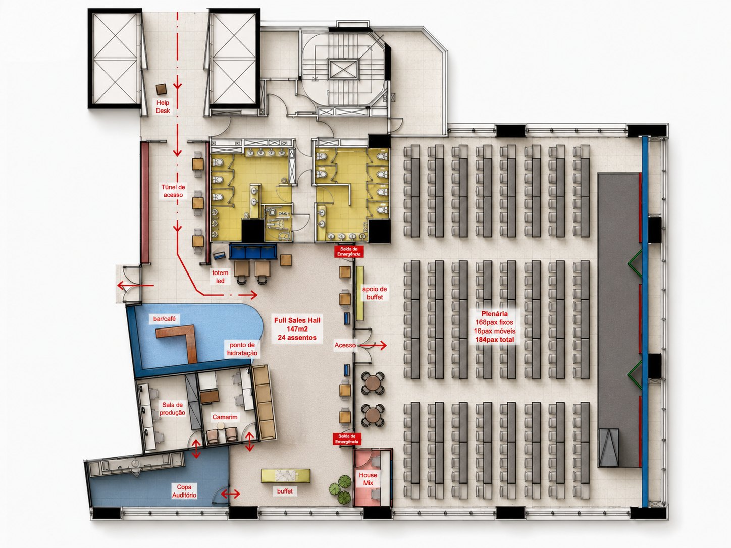 Planta do Espaço Full Sales mostrando hall, plenária para até 250 pessoas, palco, bar, sala de produção, camarim e saídas de emergência
